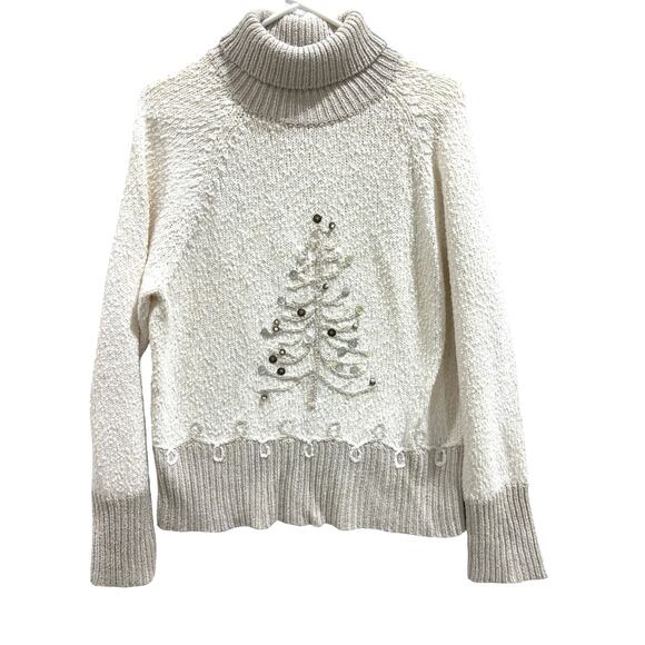 Vintage Talbots Embellished Christmas Tree Sweater Women’s XL Cream Turtleneck - Picture 2 of 11